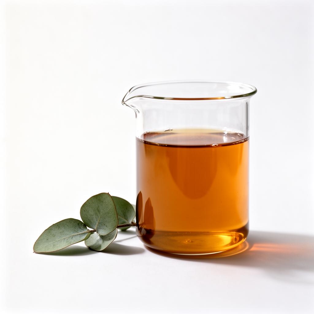 A glass beaker of botanical extract beside a eucalyptus leaf