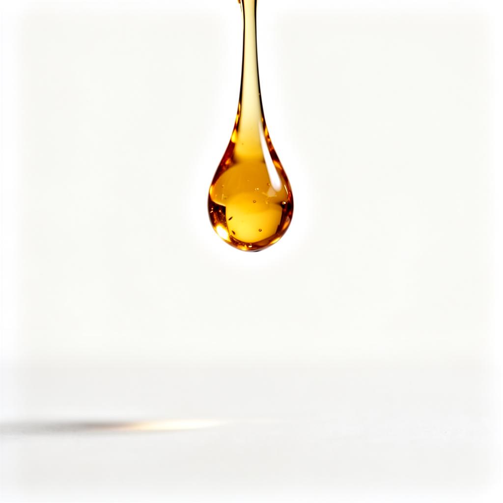Single golden droplet of botanical oil on a clean white background